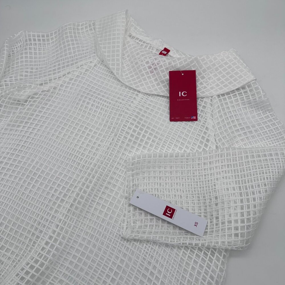 IC Collection Cowl Neck 3/4 Sleeve See Through‎ Fabric Top, Size XS, White